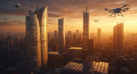 Sunset Metropolis: Drones over futuristic cityscape