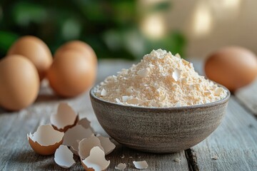 A gray bowl filled with pale-yellow eggshell powder sits on a rustic wooden surface, next to several whole eggs and scattered eggshells, against a blurred green backdrop