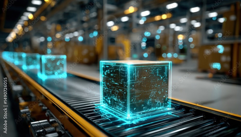 Poster digitization process ,futuristic conveyor belt with glowing digital boxes, representing automated lo