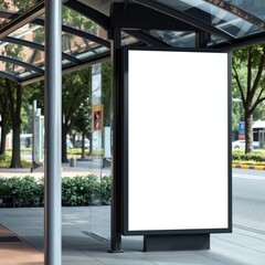 Bus shelter with blank ad panel billboard display empty white lightbox sign bus and metro stop billboard mockup glass structure city transit station urban park setting outdoor advertising billboard bl
