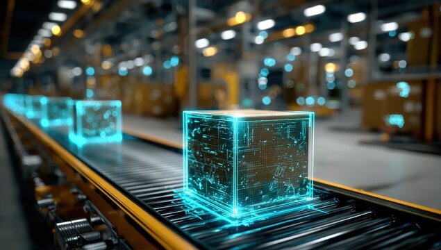 digitization process ,Futuristic conveyor belt with glowing digital boxes, representing automated logistics and smart manufacturing technology in a modern industrial setting.