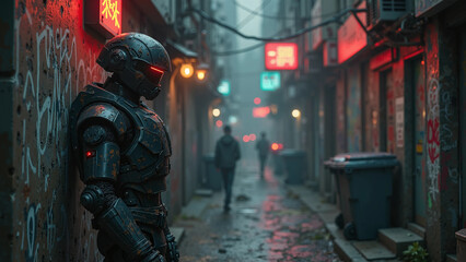 Fototapeta premium A futuristic cyber soldier stands guard in the evening neon alley