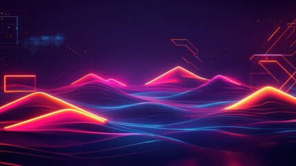 Abstract neon landscape with glowing lines and geometric shapes on dark background. Futuristic illustration with vibrant colors and digital elements for modern design.