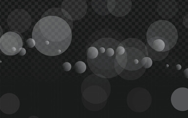 Realistic vector graphic of scattered white bokeh circles or particles. Isolated design elements perfect for overlays, backgrounds, festive, dreamy, or abstract projects. Transparent background.