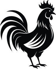 Rooster silhouette, Silhouette art illustration of a rooster with raised head and flared tail feathers