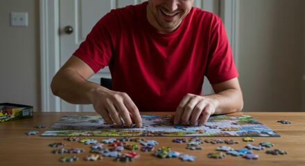 Man happily assembling a jigsaw puzzle (1)