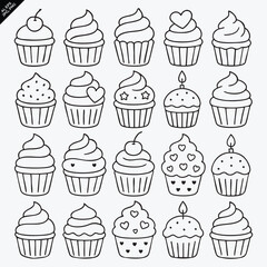 outlined cupcake illustrations set with various decorations and toppings
