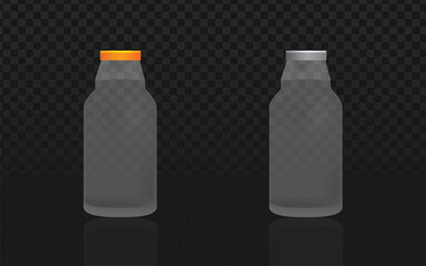 Realistic vector graphic of clear glass bottles with orange and silver caps. Isolated packaging objects perfect for beverage, retail, or mockup design projects. Transparent background.