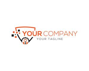 Modern tech security logo vector template with digital shield and abstract human figure incorporated for your company