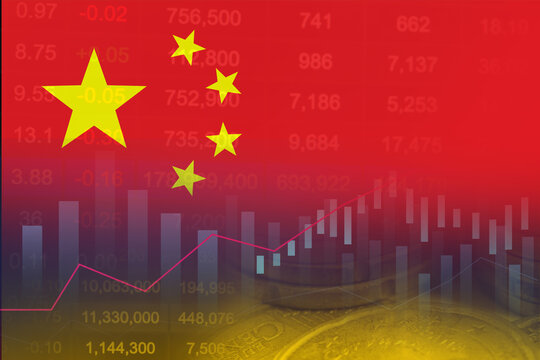 China flag on stock investment trading with coin and graph.