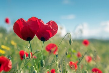 Naklejka premium Two Red Hearts in a Poppy Field Varient 5