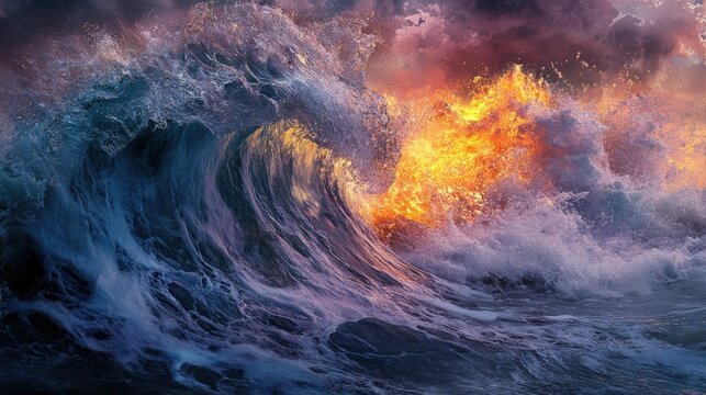Fiery ocean wave crashes under stormy sky.