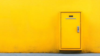 A bright yellow door is set in a solid yellow wall.