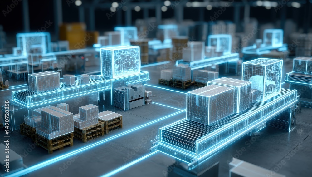Poster digitization process ,futuristic automated assembly line with glowing digital interfaces and high-te