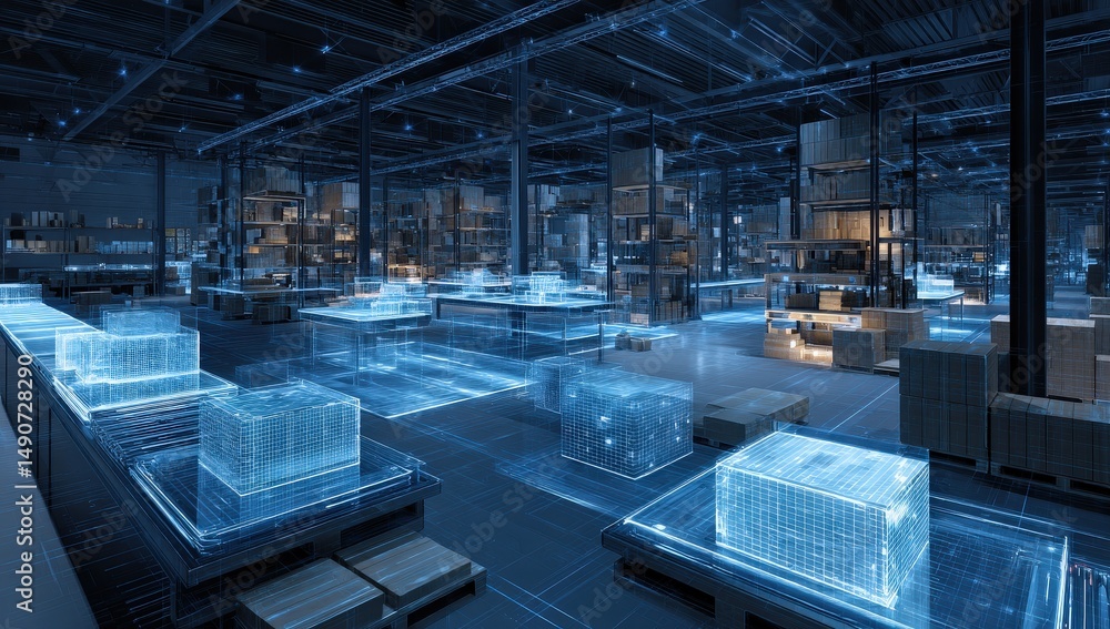 Poster digitization process ,a modern warehouse with neatly organized shelves filled with boxes, highlighti