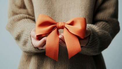 Hands holding an orange bow