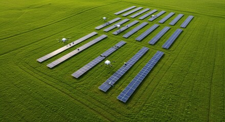 Aerial View of Solar Panels in a Green Field