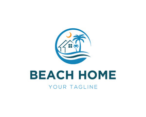 Beach house vector logo design template with palm trees waves and sun graphic illustration