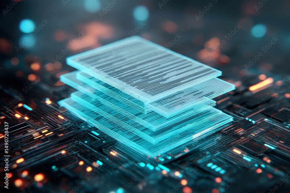 Poster digitization process ,a digital stack of documents glows with blue light, symbolizing electronic dat