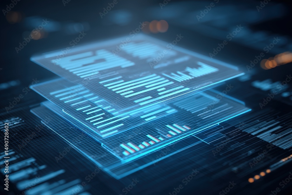 Aufkleber digitization process ,a digital stack of documents glows with blue light, symbolizing electronic dat