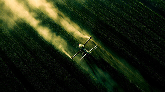 An aerial view shows a crop duster plane spraying a field.