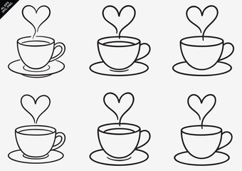cute cup illustrations with heart-shaped steam in a simple black line art style