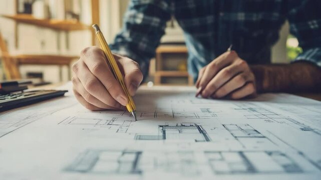 Blueprint Design Process: Capturing the essence of architectural creativity, a skilled designer meticulously works on a blueprint, translating ideas into tangible form with a pencil's precise touch.