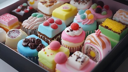 A whimsical dessert bento box with mini cakes and candies