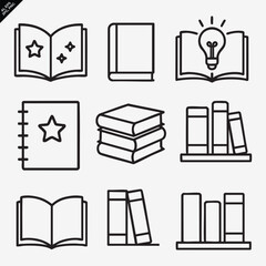 Minimalist outlined book icons with stars and a lightbulb for an inspiration theme