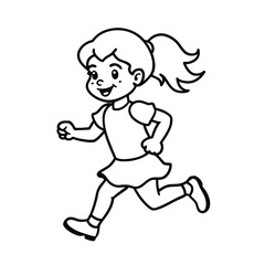 little girl running outline vector drawing 