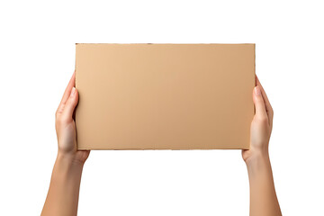 Woman hands holding blank cardboard box on transparent background isolated cutout