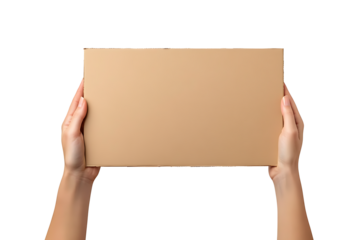 Woman hands holding blank cardboard box on transparent background isolated cutout