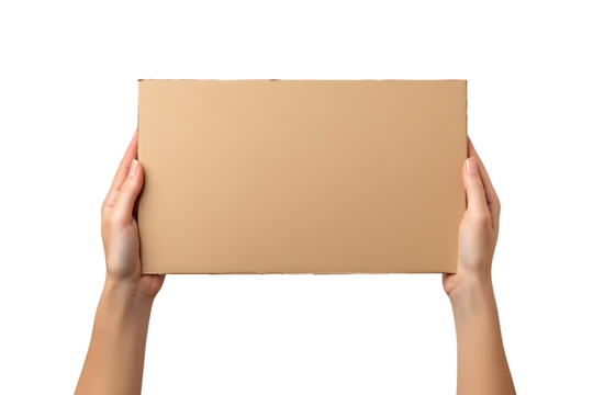 Woman hands holding blank cardboard box on transparent background isolated cutout