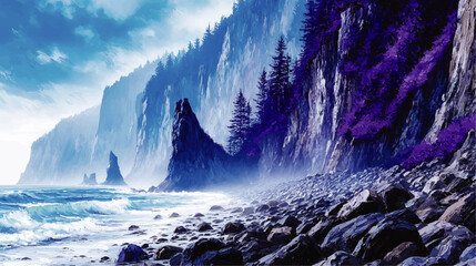 Majestic Stunning Coastal Landscape Vector Illustration Featuring Misty Rocky Shore Surging Blue Waves Cliffs Evergreen Forest and Purple Flowers Scenic Nature View
