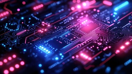 Obraz premium Close-up of vibrant circuit board with glowing pathways