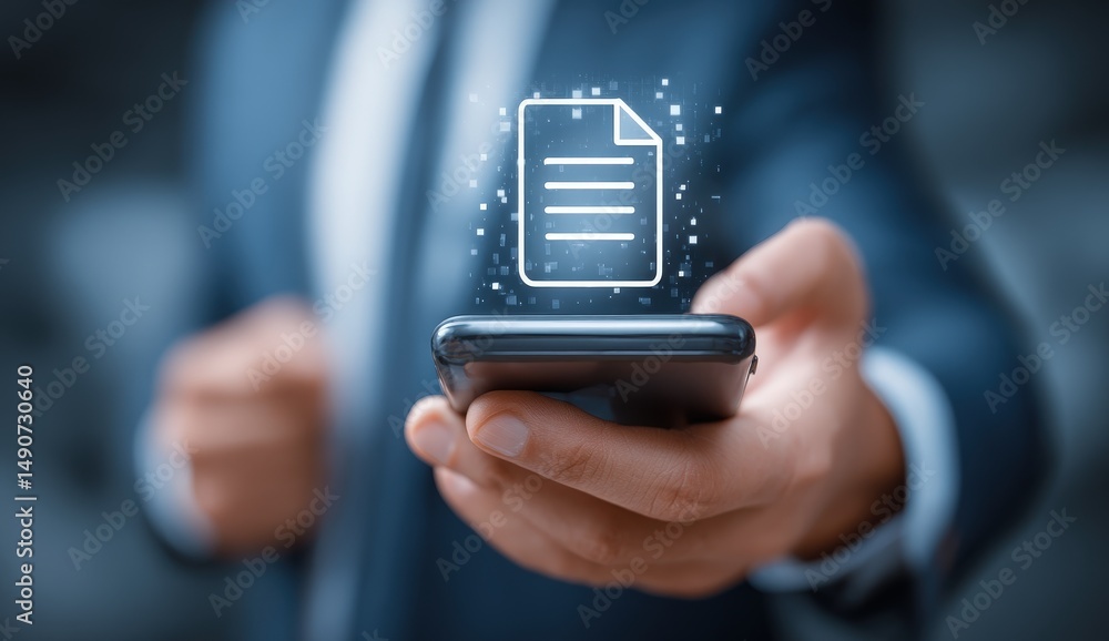 Poster digitization process ,a person holds a smartphone displaying a glowing digital document icon, symbol