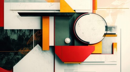 Abstract geometric composition featuring circles, triangles, and rectangles in red, yellow, black, and white tones, creating a modern and visually engaging design.