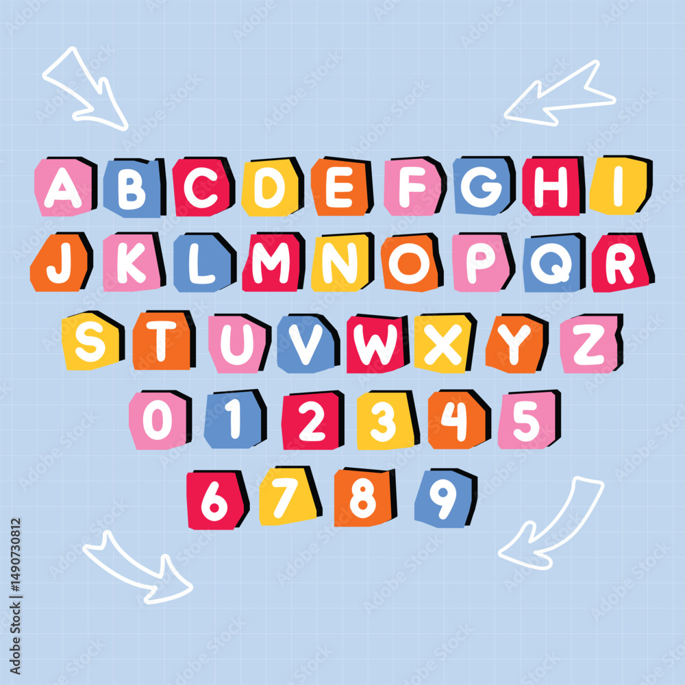 Fototapete a set of letters and numbers of the alphabet. bright multicolor font in funk or typography style. ve