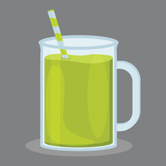 A glass mug filled with a bright green drink, smoothie or juice, with a striped straw in green and blue tones.