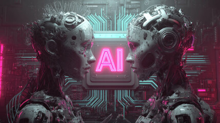 Two robots are facing each other with a glowing sign that says AI