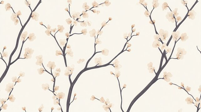 Delicate floral wallpaper design featuring pale peach blossoms and dark brown branches on a cream background