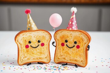 Two slices of bread with smiling faces, wearing festive party hats, surrounded by colorful confetti on a light background
