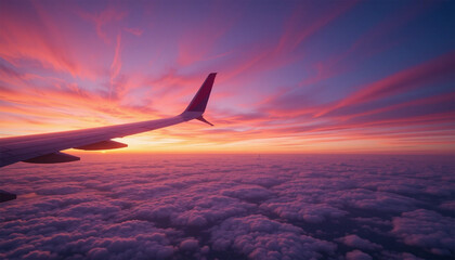 Fototapeta premium Airplane Wing Sunset Flight Cloudscape Aerial View Travel Journey Adventure