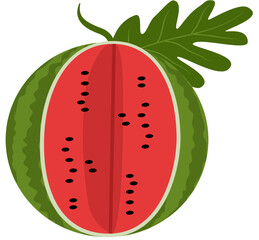 Juicy Watermelon Half with Leaf - Summer Fruit Illustration