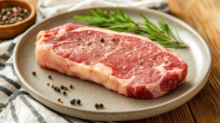 Fototapeta premium Exquisite A5 Wagyu Beef Striploin Showcasing Luxurious Marbling on Elegant Ceramic Plate in Soft Ambient Setting