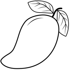 Line Art Illustration of a Single Mango with Leaves, Mango Coloring Page