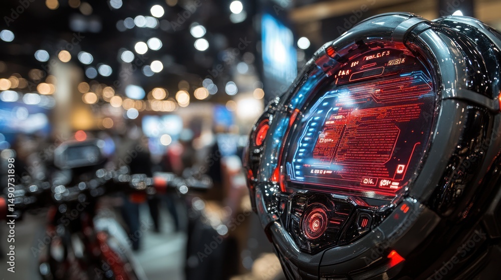 Poster futuristic display system. high-tech headpiece with glowing interface