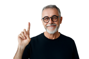 Senior man showing victory sign against white or transparent background