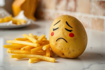 A sad potato next to a plate of French fries 