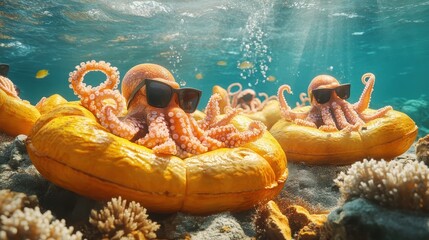 Octopuses with sunglasses are relaxing on yellow inflatable rings in the sea. Underwater scene with marine life, coral and sunlight. Summer vacation concept.